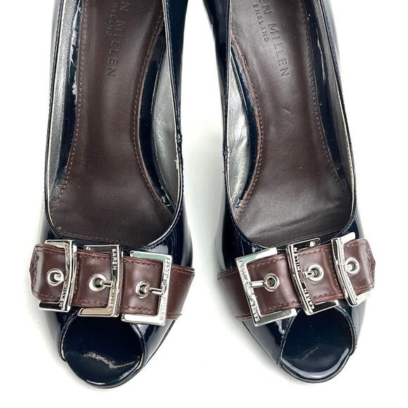 Karen Millen Dark Blue Patent  Mirror Silver Open Toe Heels / Wedge US 6 - Picture 6 of 16